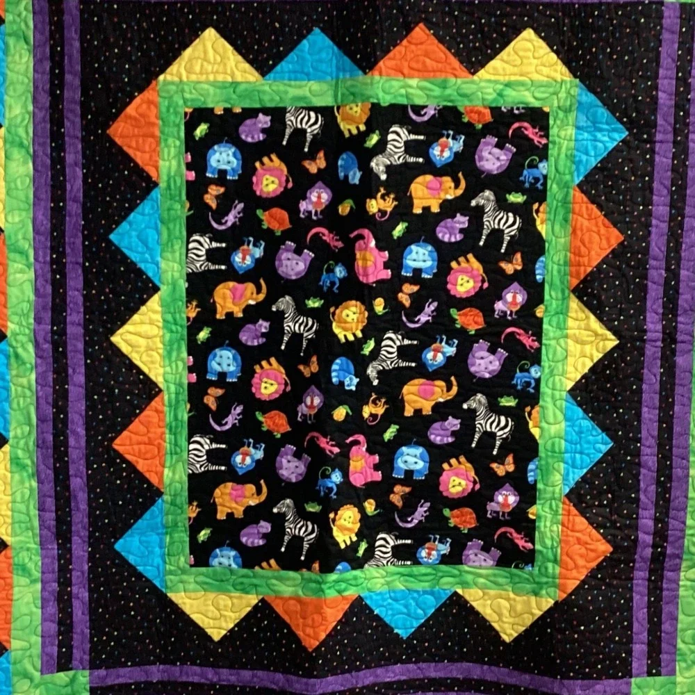 Handmade Baby Quilt Colorful Zoo Animals Kids Toddler Blanket Play Mat 46.5 x 51